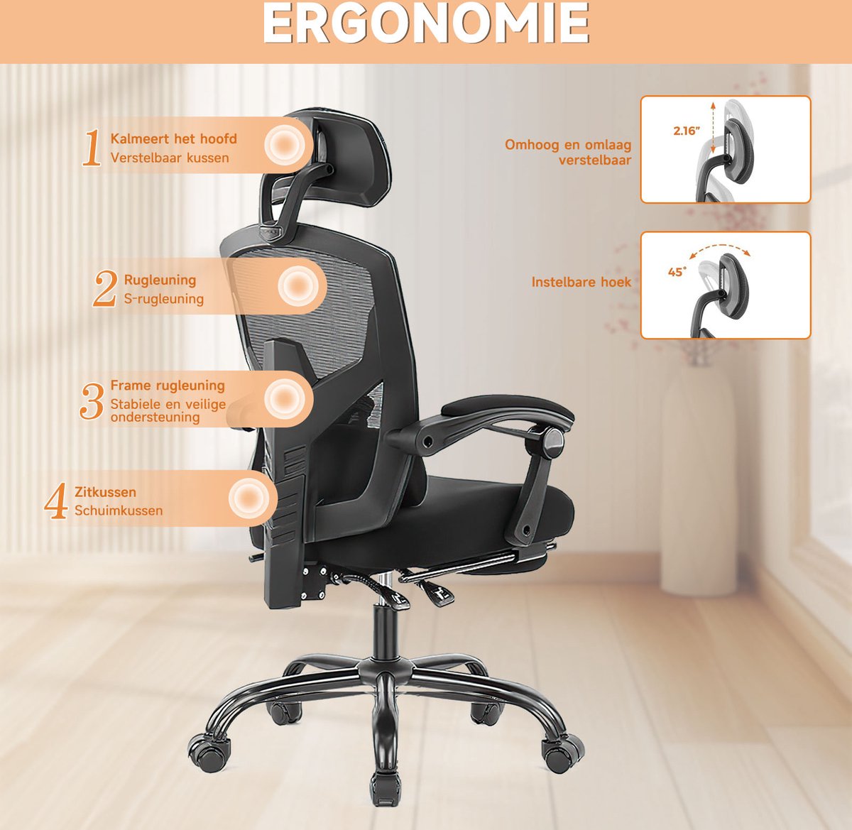Ergonomische Bureaustoel – Mesh Rugleuning – Verstelbare Hoofdsteun – Opklapbare Armleuningen – Zwart – Ideaal Voor Thuis, Slaapkamer Of Gaming