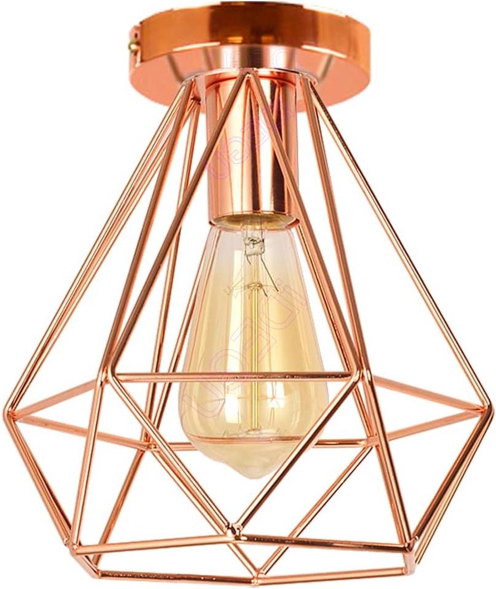 Industriële kroonluchter hanglamp vintage plafondlamp Ø 200 mm metalen kooi diamantvorm retro E27 - slaapkamer café bar restaurant keuken - roségoud