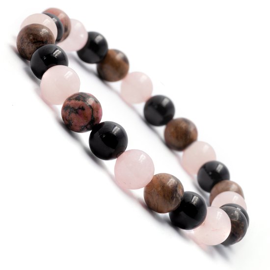 Armband met roze, zwarte en bruine kralen.