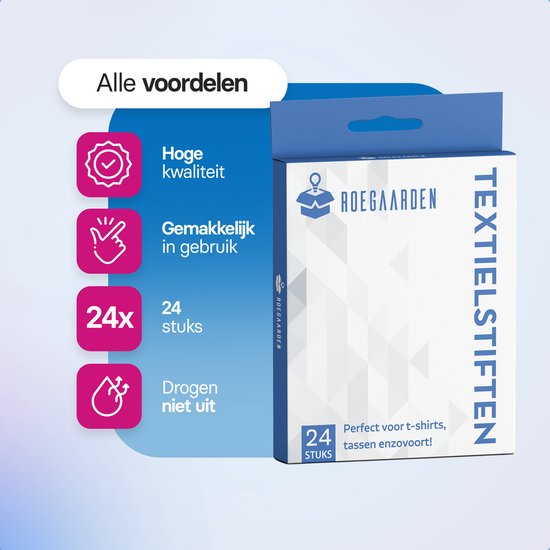 Emballage de marqueurs textiles Roegaarden, 24 pièces, parfaits pour t-shirts et sacs. Avec des avantages tels que haute qualité, facile à utiliser et ne sèche pas.