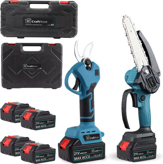 CraftRoot Elektrische Mini Kettingzaag en Elektrische Snoeischaar Set - Draadloze Compacte Accu Kettingzaag en Professionele Takkenschaar met Opbergkoffers en 4X 4.0Ah Accu’s