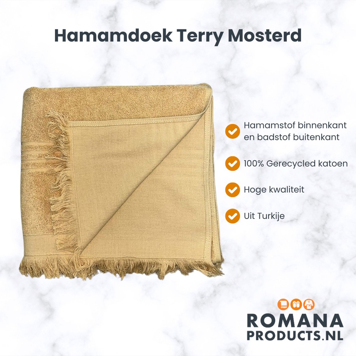 Romana Products Terry Hamamdoek - Baddoek - Strandlaken - Saunalaken - 100cm x 170cm - Mosterd