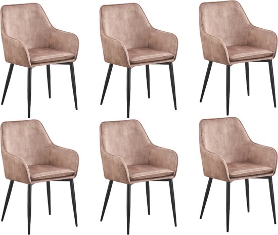 Lily - Eetkamerstoel - Set van 6 - Licht bruin - Stof - Zwarte Metalen poten