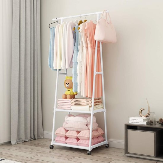 Foto: Kledingrek met non woven planken metaal verrijdbaar wit 2 zwenkwielen 85x42x160 cm