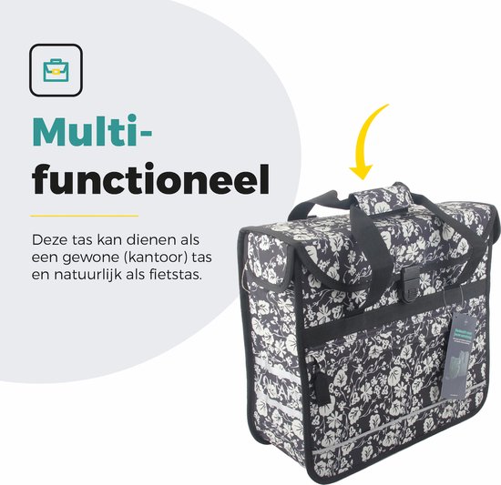 Voltano Enkele Shopper Fietstas - 17 Liter - Midnight Blossom - Zwart Met Witte Bloemen - Waterdicht - Luxe Universele Bevestiging van Voltano — afbeelding 5
