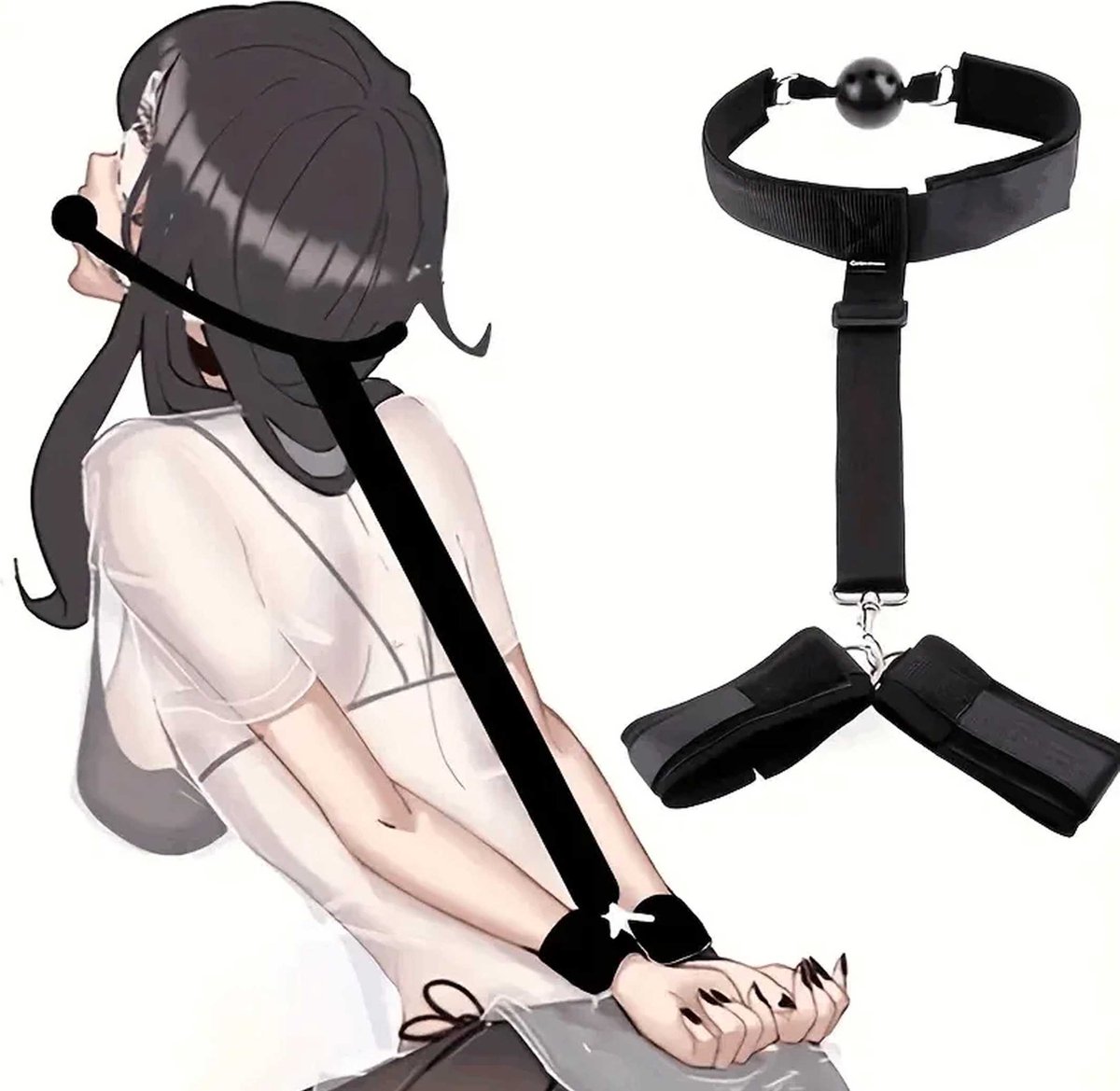 Goedkoopste Handboeien met gag bal - Verstelbaar - One size - BDSM - Choker - Plastic mondknevel - Kunststof boeien - Arm en Rug bondage