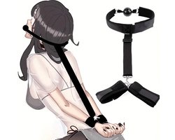 Handboeien met gag bal - Verstelbaar - One size - BDSM - Choker - Plastic mondknevel - Kunststof boeien - Arm en Rug bondage