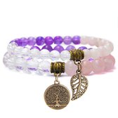 Bixorp Gems Gouden Driehoek Armband met Levensboom & Veertje - Amethist + Rozenkwarts + Bergkristal - Edelsteen Kralenarmband met Hanger - Chakra