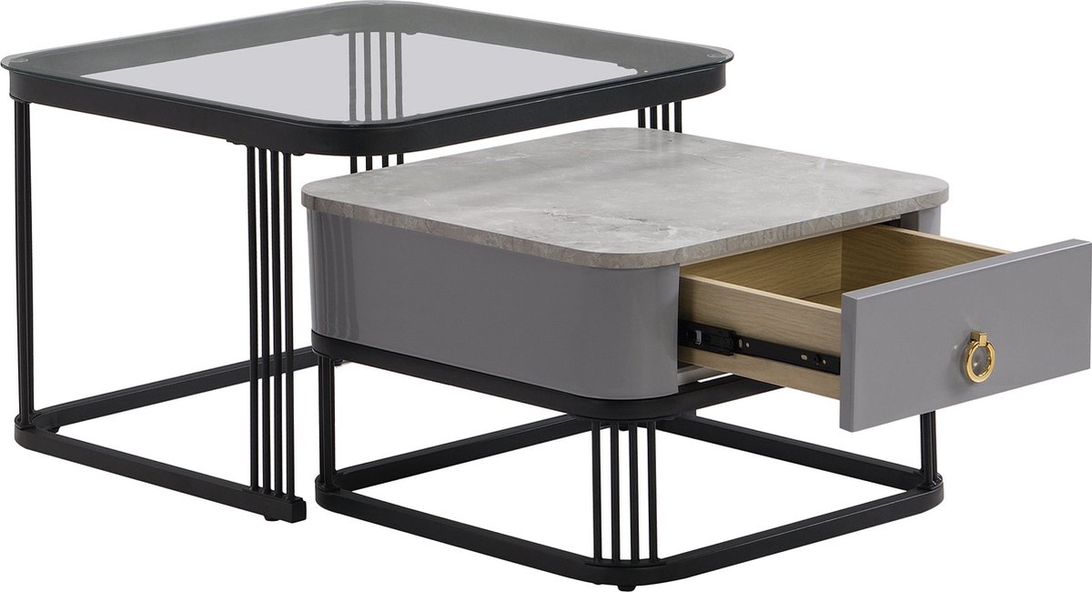 Merax Stapelbare Salontafel Set van 2 - Salontafels in Hoogglans Marmerlook met Glasplaat - Bijzettafel met Lade - Grijs met Zwart