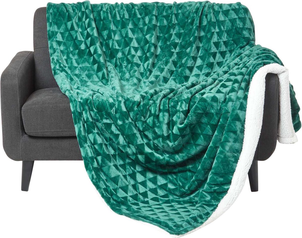 Homescapes Cosy Velvet Triangle Deken - Sherpa Deken Smaragdgroen 200 x 230 cm