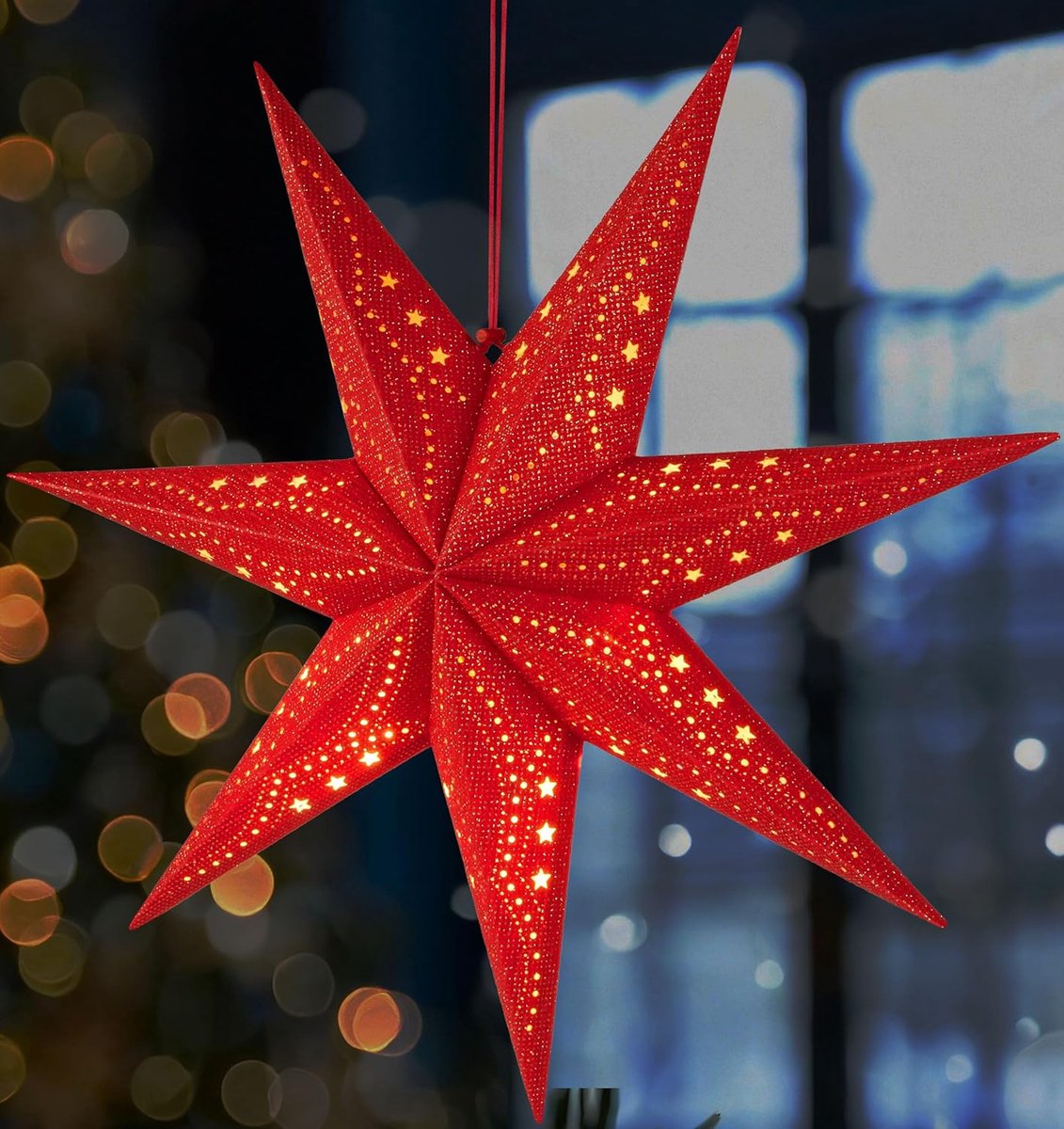 BRUBAKER 3D Hangende Kerstster - Raampapier Ster met E14 Voet - 60 cm Advent Ster met Decopatroon - Kerst Lichtster Set met 3,5 m Kabel - Ophangen - Rood