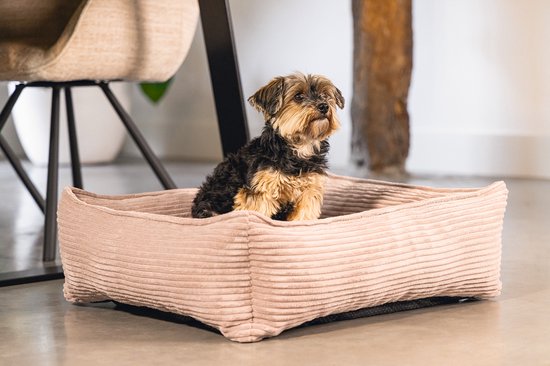 Roze corduroy hondenmand met een zittende hond.