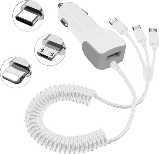 BSTNL – Auto Oplader – 4 aansluitingen – Auto Oplader USB-C – Lightning – geschikt voor Apple iPhone 15/14/13/12/11 – geschikt voor Samsung Galaxy S24/S23/S22/S21 – Wit