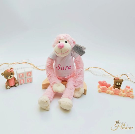 Slingeraapje met naam geborduurd - Hawsaz.nl cadeau - Baby knuffel met naam roze- Geboorte cadeau - Cadeau voor jongens en meisjes - Verjaardag cadeau - Baby en peuter cadeau - Kraamcadeau - Gepersonaliseerde cadeau - Fluffy knuffel -Kado met naam — afbeelding 3