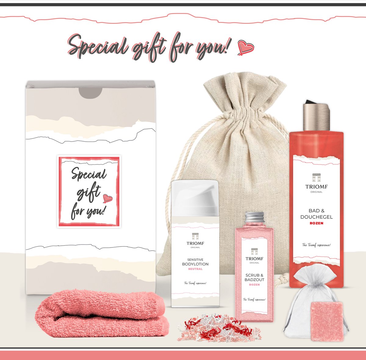 Goedkoopste Geschenkset “Special Gift for You!” - 6 producten - 650 gram | Triomf Original - Giftset voor haar - Cadeau Speciaal voor jou - Luxe wellness cadeaubox - Cadeaupakket Vrouw Vriendin - Geschenk Set Verjaardag Valentijn Moederdag Kerst Pakket Roze Rood