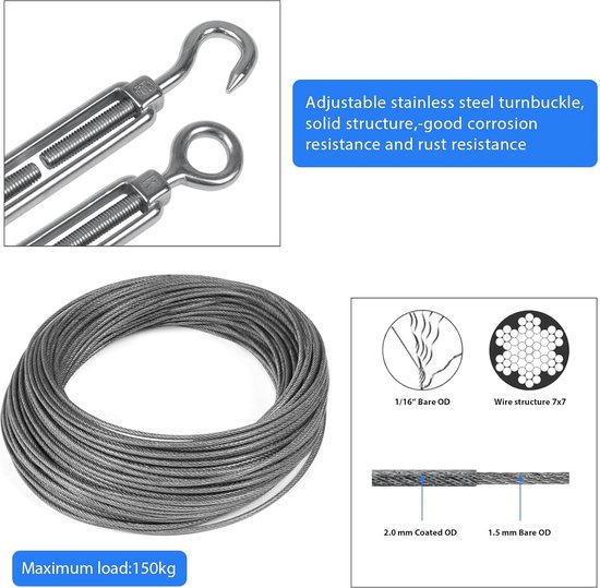 3 mm staalkabelkit, 30 m vinyl gecoate roestvrijstalen kabel met M5 spansloten voor outdoor lichtophangkit, waslijnkabel, gordijnophangsysteem