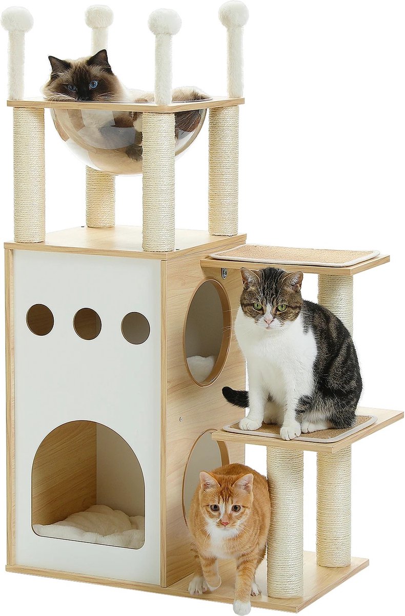 SteeFly® Luxe houten kattenboom - Stijlvolle krabtoren - Duurzaam speelparadijs - Geschikt voor grote katten - 80x40x130 cm