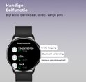 Smartwatch met zwarte band, scherm toont oproeplijst "Geschiedenis" met nummers en namen. "Handige Belfunctie".