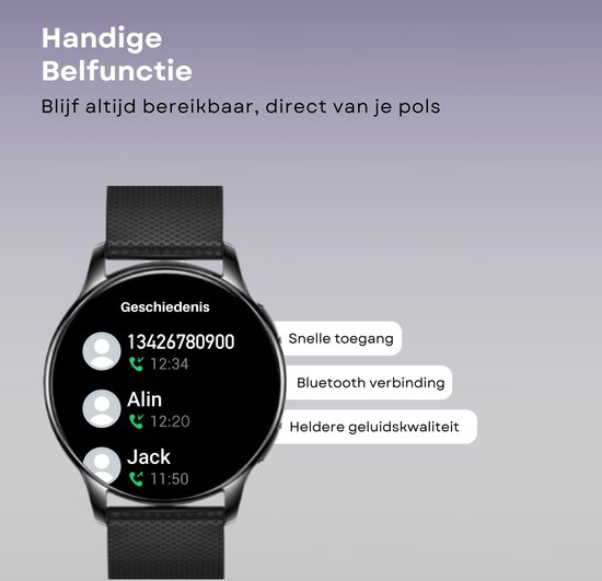 Smartwatch met zwarte band, scherm toont oproeplijst "Geschiedenis" met nummers en namen. "Handige Belfunctie".