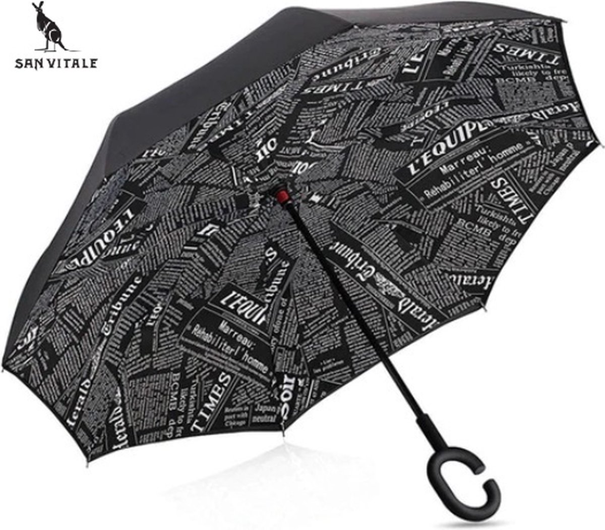 San Vitale® - Unieke reversible Windproof Paraplu - Krant Zwart