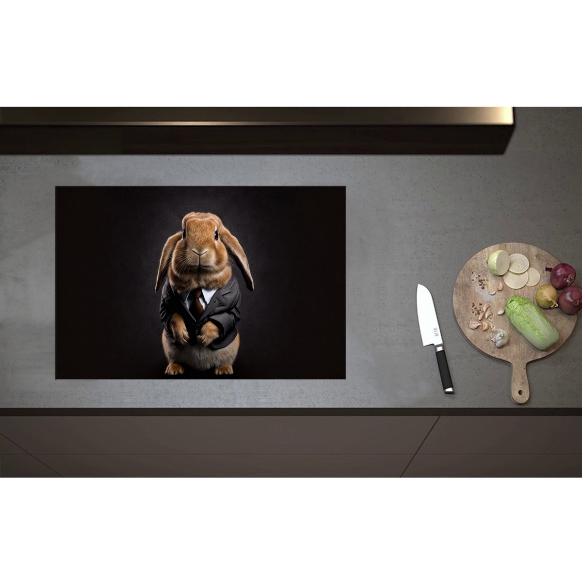Inductieplaat Beschermer - Bruin Konijn in Zakelijk Pak tegen Donkere Achtergrond - 75x50 cm - 2 mm Dik - Inductie Beschermer - Bescherming Inductiekookplaat - Kookplaat Beschermer van Zwart Vinyl