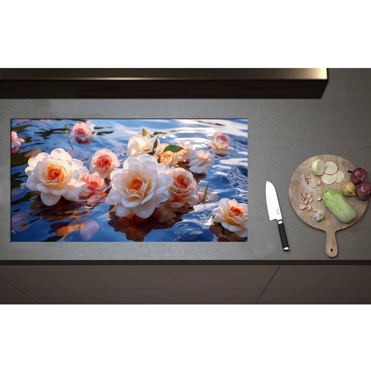 Inductieplaat Beschermer - Camellia Bloemen in het Water - 95x50 cm - 2 mm Dik - Inductie Beschermer - Bescherming Inductiekookplaat - Kookplaat Beschermer van Wit Vinyl