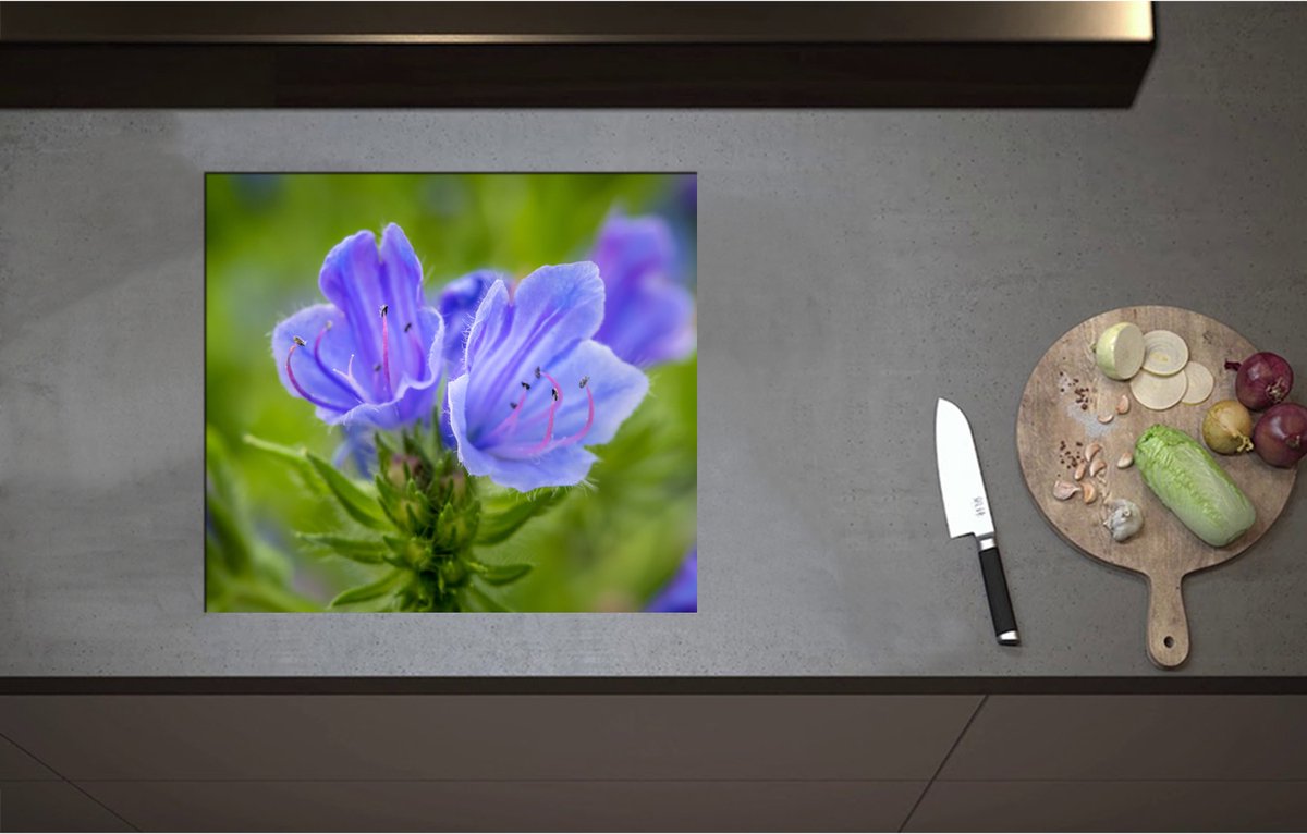 Inductieplaat Beschermer - Close Up van Blauwe Slangenkruid Bloemen - 57x51 cm - 2 mm Dik - Inductie Beschermer - Bescherming Inductiekookplaat - Kookplaat Beschermer van Zwart Vinyl