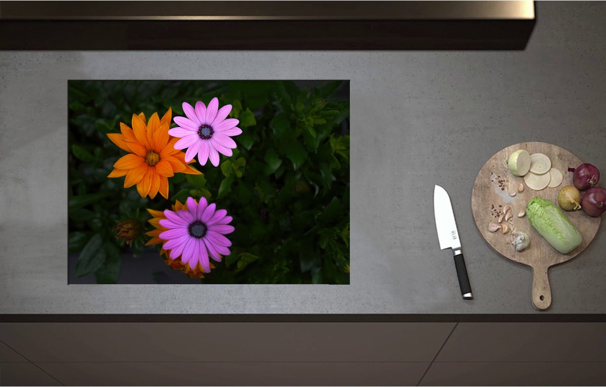 Inductieplaat Beschermer - Bovenaanzicht van Roze en Oranje Spaanse Margietjes Bloemen in de Struiken - 70x51 cm - 2 mm Dik - Inductie Beschermer - Bescherming Inductiekookplaat - Kookplaat Beschermer van Wit Vinyl