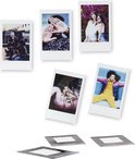 Een verzameling van vijf Instax foto's met mensen, waaronder een groep met gitaren en twee vrouwen die lachen.
