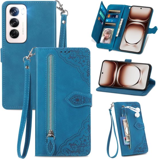 Convient pour Oppo Reno 12 Pro 5G - Book Case - Étui porte-cartes multifonctionnel avec fermeture éclair - Blauw