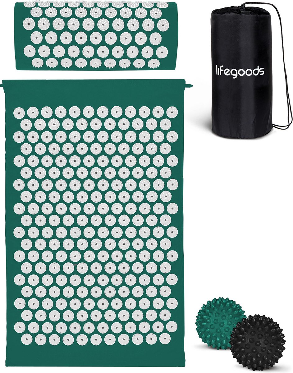 Goedkoopste LifeGoods Acupressuur Mat met Kussen - Shakti mat - Spijkermat Incl. 2x Triggerpoint Bal - 60x40x2cm - Groen/Wit