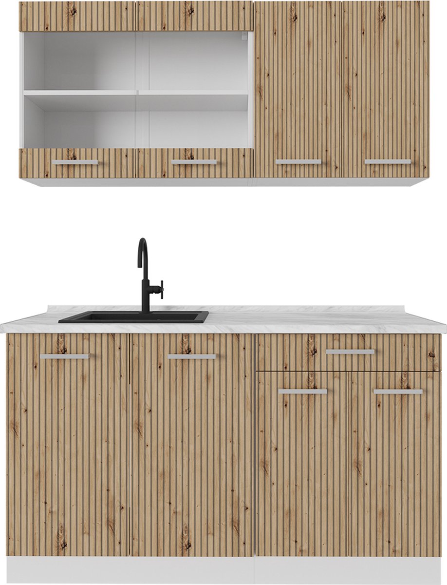 Vicco R-Line Eenpersoonskeuken – 140 cm, WB Marmer Artisanaal eiken/wit