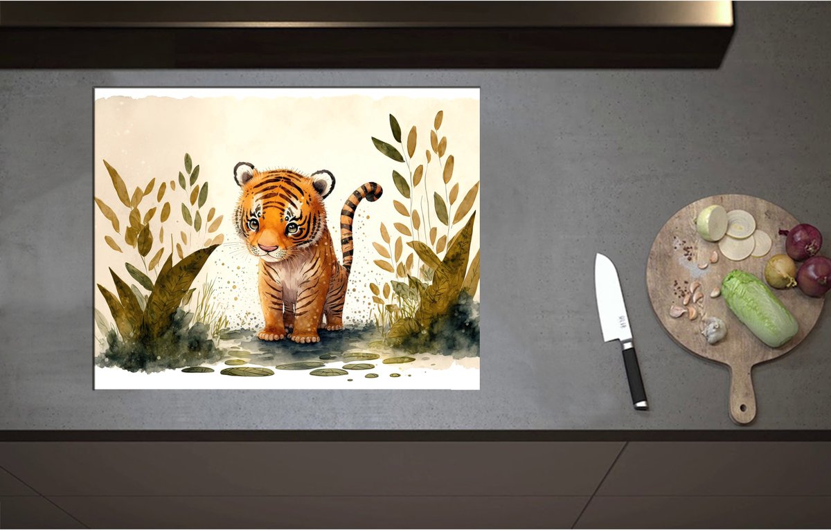 Inductieplaat Beschermer - Cartoon Tekening van Tijger Welpje tussen de Planten - 70x55 cm - 2 mm Dik - Inductie Beschermer - Bescherming Inductiekookplaat - Kookplaat Beschermer van Zwart Vinyl