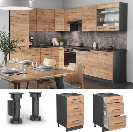 Vicco Élément bas de cuisine Fame- Line, Chêne puissant or/ Grijs, 50 cm sans plan de travail