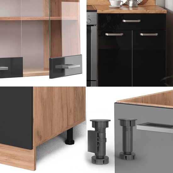 Meuble de cuisine complet Vicco R- Line – 200 cm, WB Anthracite Chêne noir brillant/or, WB Anthracite