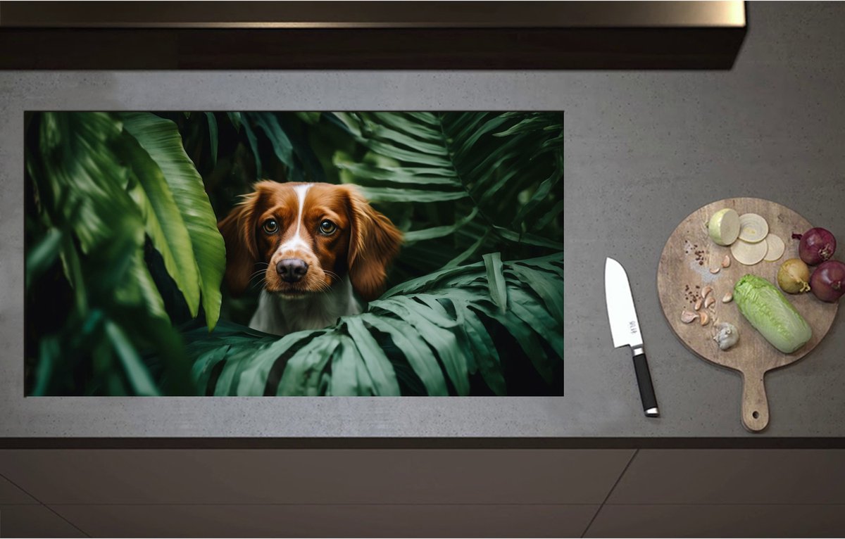 Inductieplaat Beschermer - Bruin met Witte Hond tussen de Groene Bladeren - 95x51 cm - 2 mm Dik - Inductie Beschermer - Bescherming Inductiekookplaat - Kookplaat Beschermer van Wit Vinyl