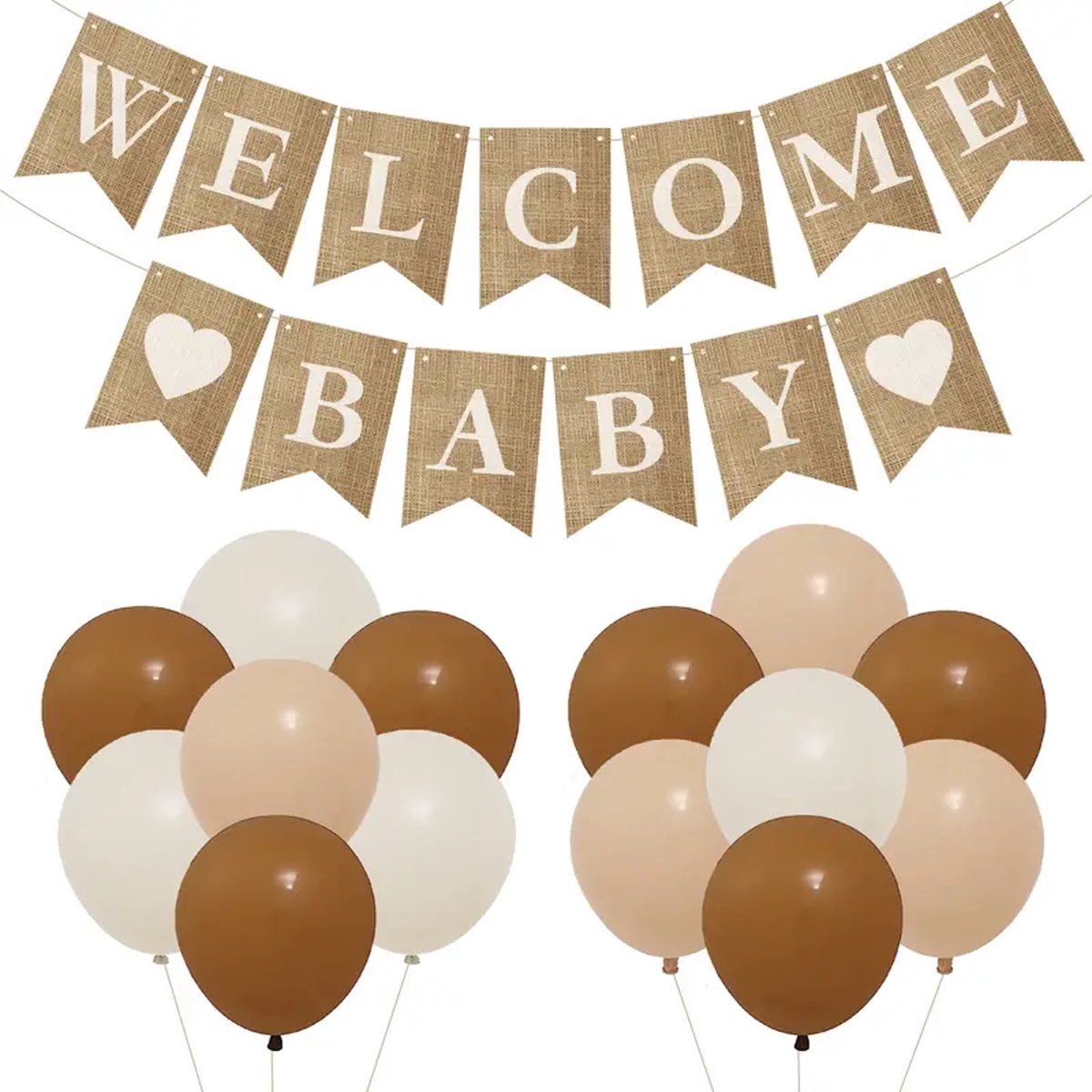 Jute slinger Welcome Baby met 2 harten en 18 bruine, beige en ivoorkleurige ballonnen - babyshower - zwanger - geboorte - decoratie