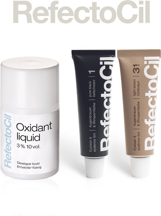 RefectoCil oxidant en twee tubes oogwenkbrauwverf: zwart en lichtbruin.