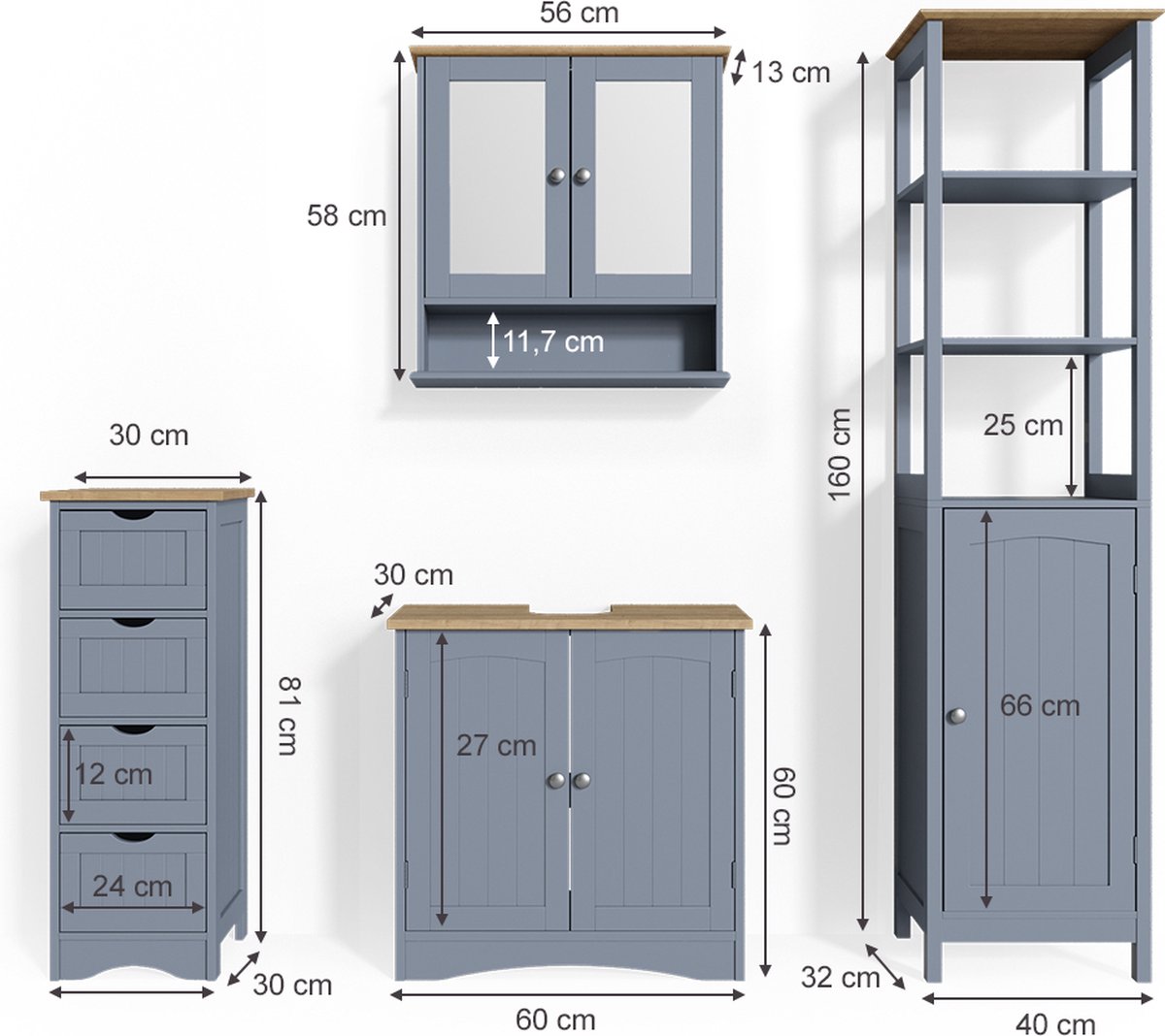 Vicco Badkamermeubel set Bianco, Grijs, 4-delig