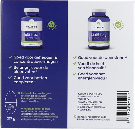 Vitakruid Multi Dag & Nacht Vrouw verpakking met op de voorkant een lachende vrouw en de voordelen van de supplementen.