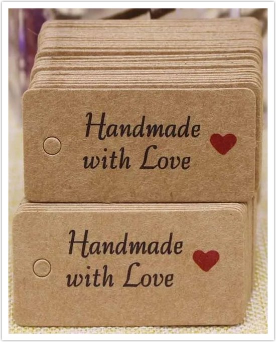 Kaartjes met tekst - handmade with love - labels - 50 stuks - kleine kaartjes - karton - 4 x 2 cm