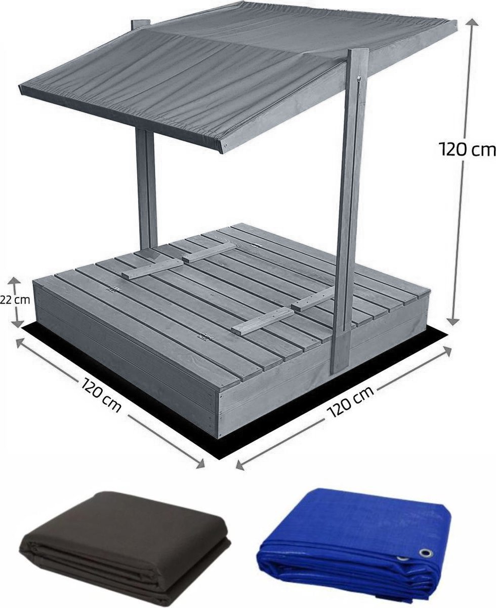 Afsluitbare XL Zandbak met Dak 140x140 cm – Gecertificeerd & Geïmpregneerd Hout | Incl. AFDEKZEIL, GRONDDOEK & Montagevideo | Voor 2-3 Kinderen | Grijs — afbeelding 12