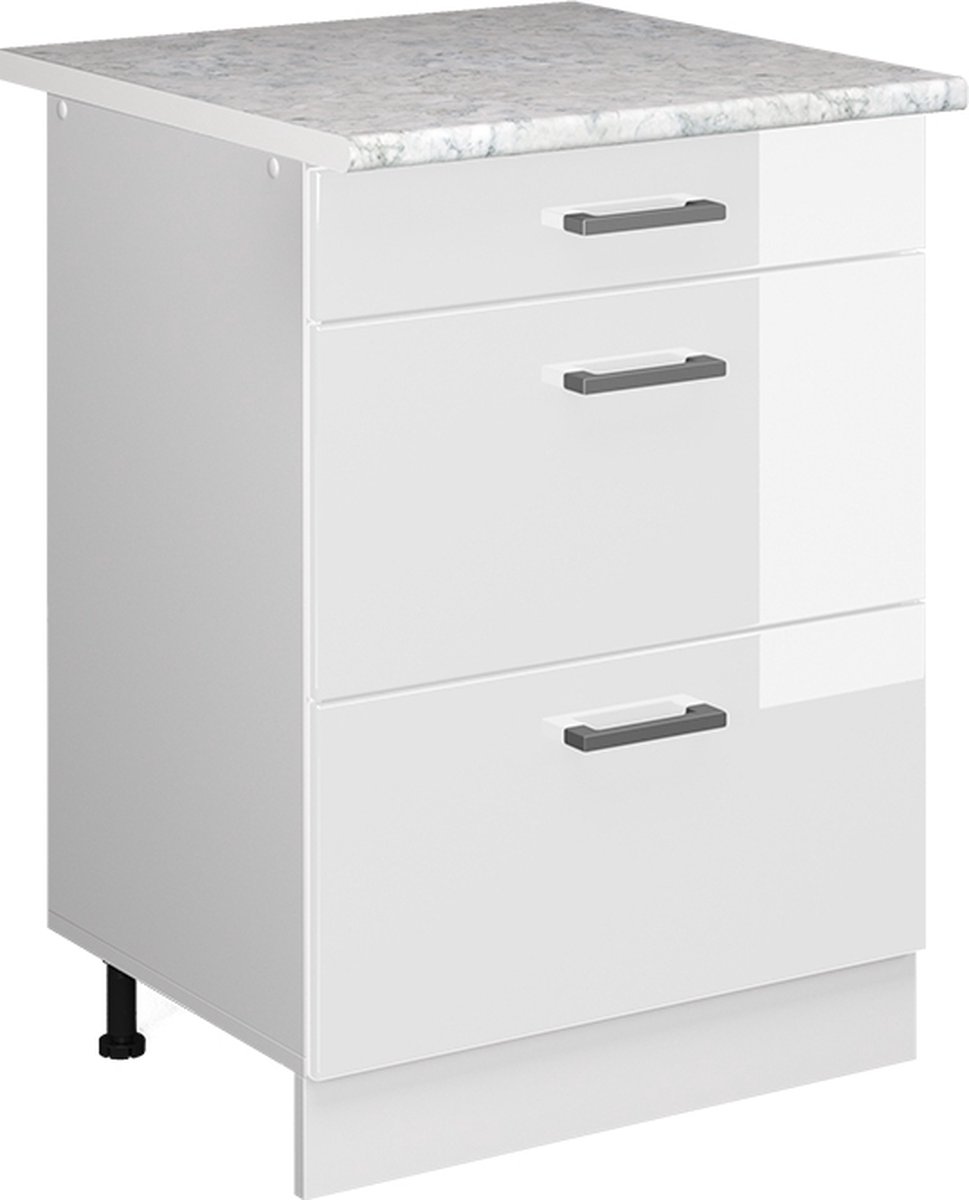 Vicco R-Line Keukenonderkast – 60 cm met laden, met marmeren werkblad Wit Hoogglans