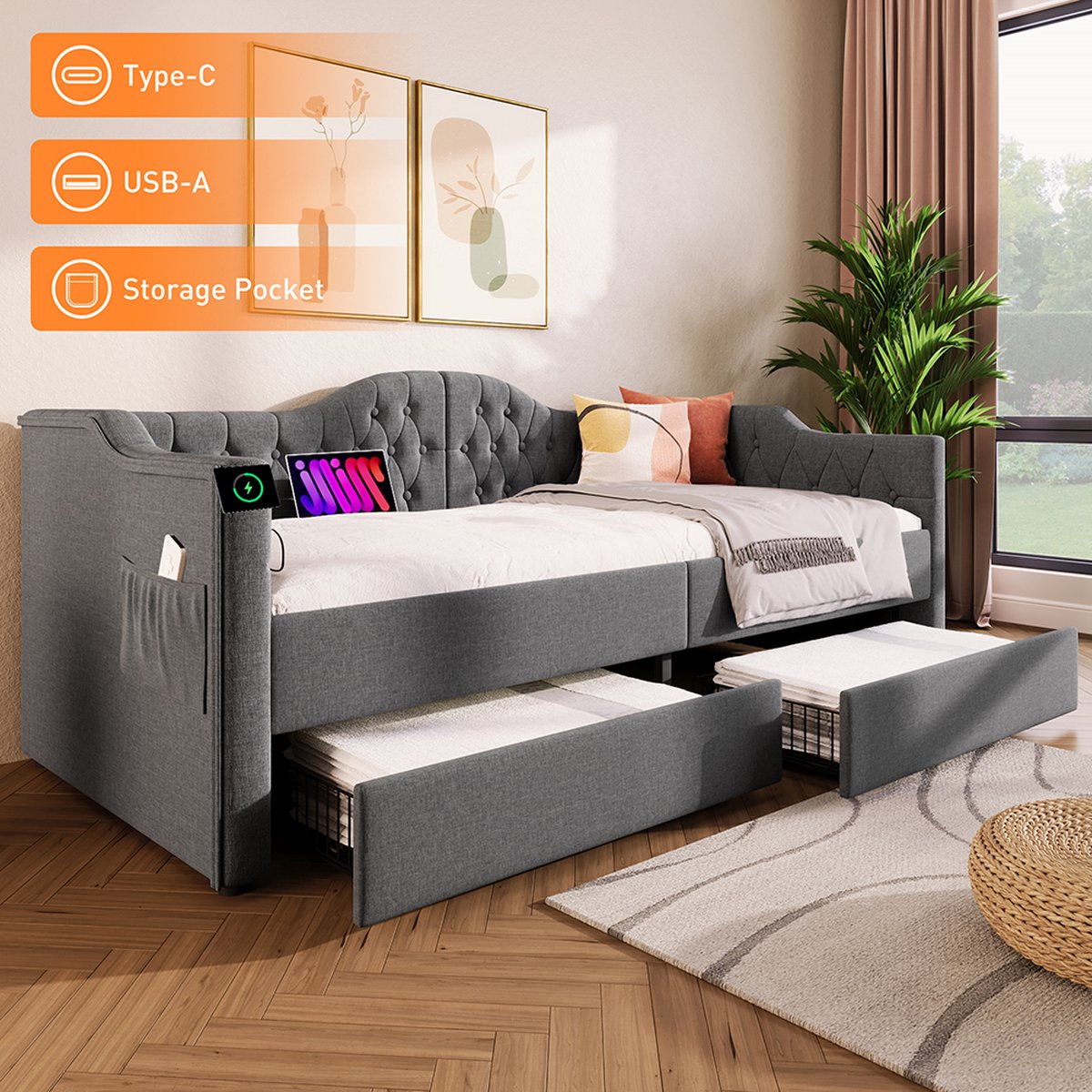 KOMHTOM Bedbanken Bedden 90x200 cm Eenpersoonsbedden met oplaadfunctie USB Type C en 2 laden grijs fluweel