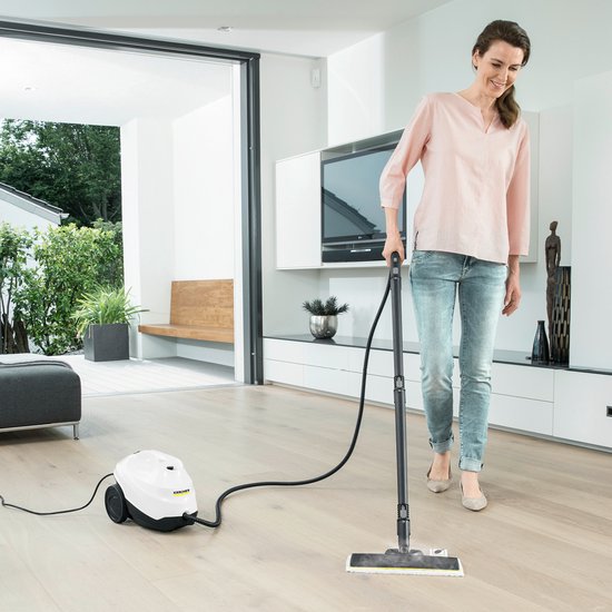 Femme utilisant un nettoyeur vapeur sur un parquet dans un salon moderne.