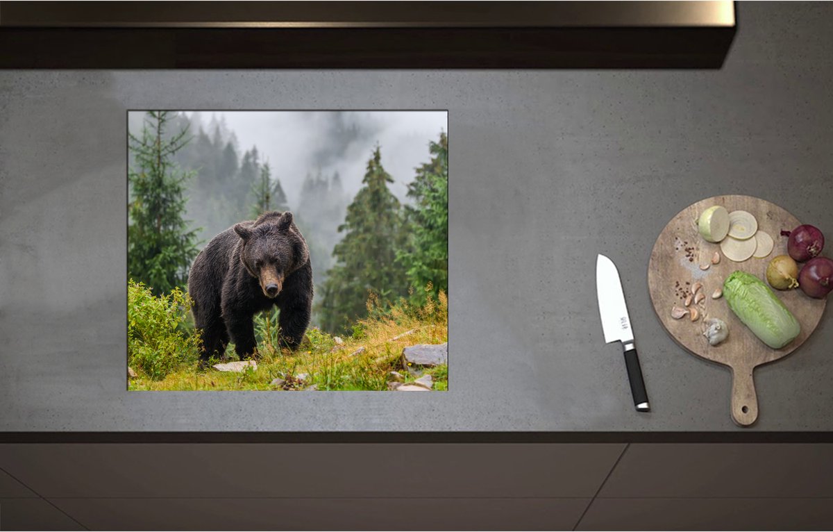 Inductieplaat Beschermer - Bruine beer in bos met grote bomen en bergen - 58x51 cm - 2 mm Dik - Inductie Beschermer - Bescherming Inductiekookplaat - Kookplaat Beschermer van Zwart Vinyl