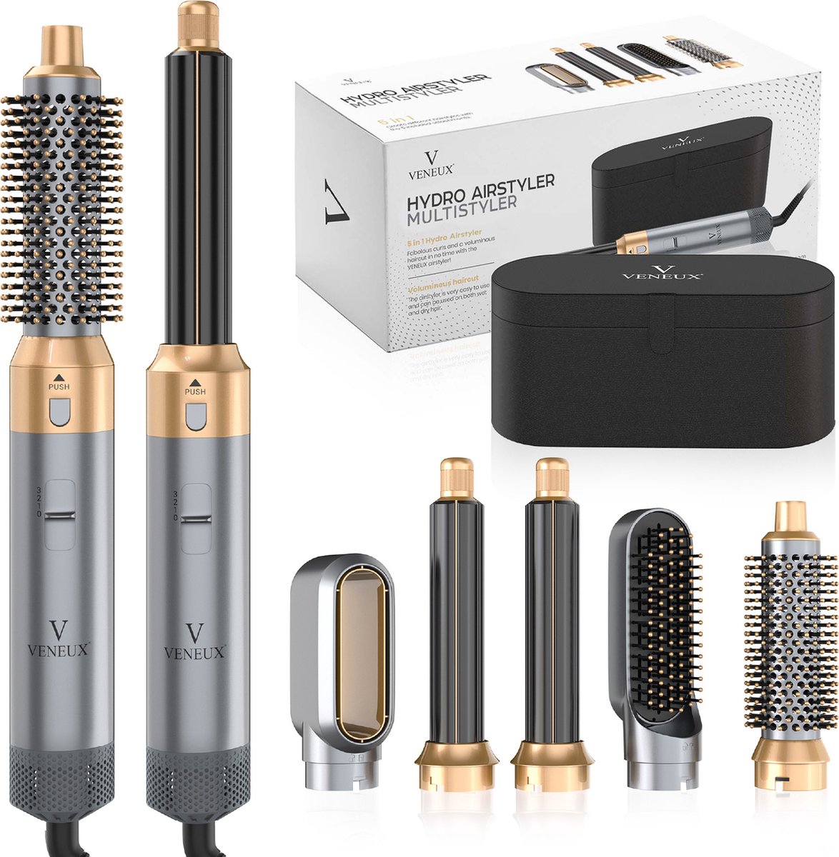 VENEUX® Föhnborstel - Airstyler - Krulborstel - Warmteborstel - 5 in 1 Multistyler - Met Opbergcase - Grijs Met Goud