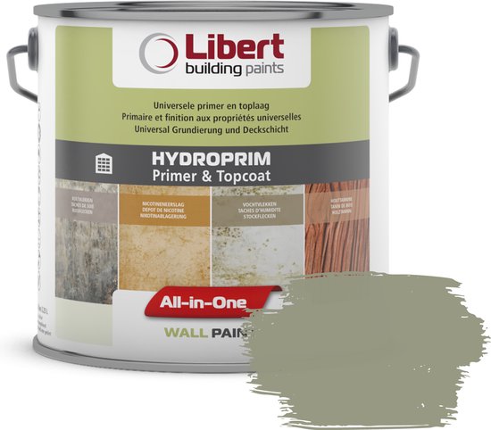 Libert Hydroprim verfblik in kleur PE052 Lago Verde met voorbeeld van geschilderde muur.