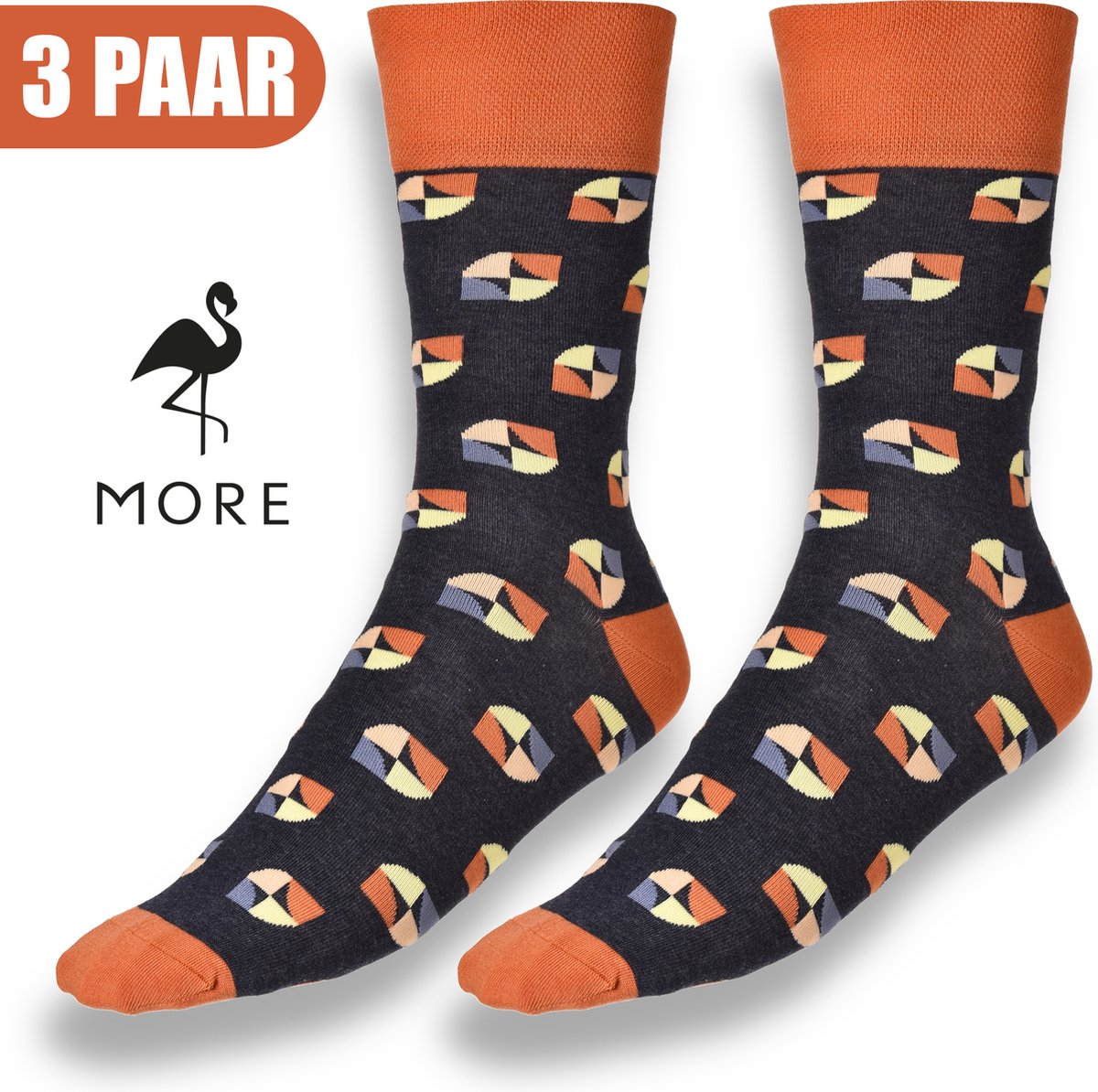 More Fashion - Elegante Heren Sokken Maat 39 40 41 42 - 3-Pack - Leuke Print - Kleurrijk Casual Extravagant - 65% Katoenen Sokken - Navy Blauw Oranje - MADE IN EU