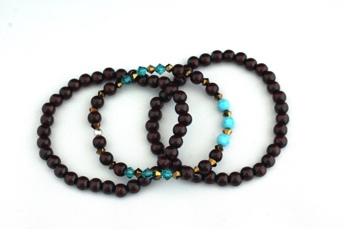 1 x Elastische Armband met Kristallen en 2 x houten kralen armbanden A kwaliteit - 20 cm - Swarovski - Trendy - Cadeau - Kerstcadeau - Sinterklaas - Uni-sex - Accessoires - Kralenarmband - Houtenkralen - Armbanden - Stoer